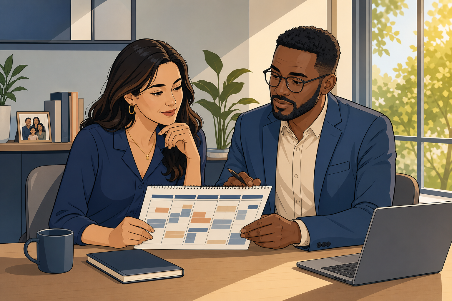 Cartoon Business Owner Reviewing Calendar with Advisor Cartoon Business Owner Reviewing Calendar with Advisor